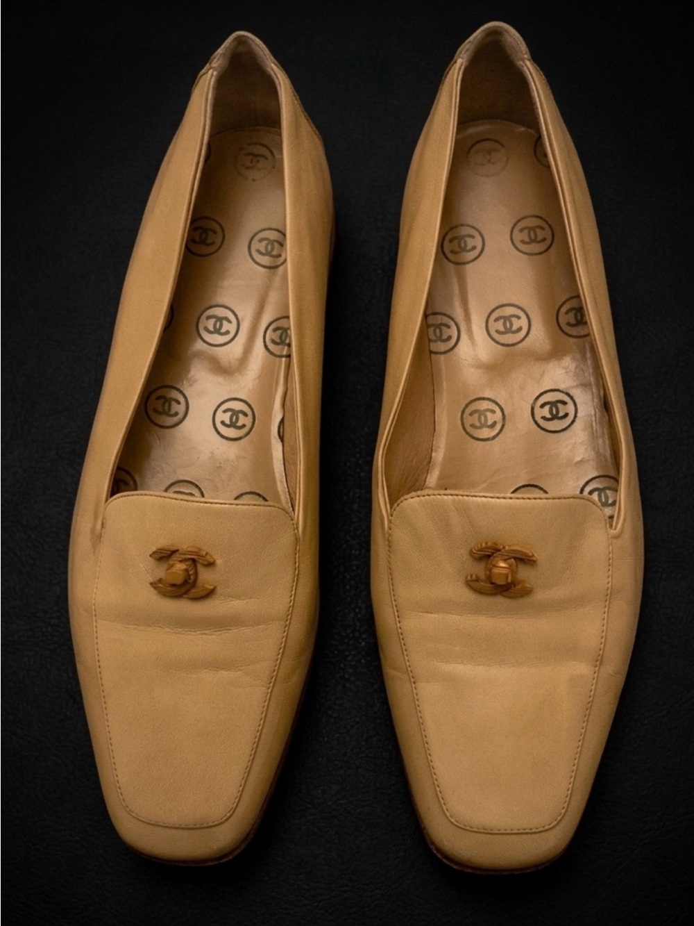 CHANEL Camel Wood Logo Loafers
